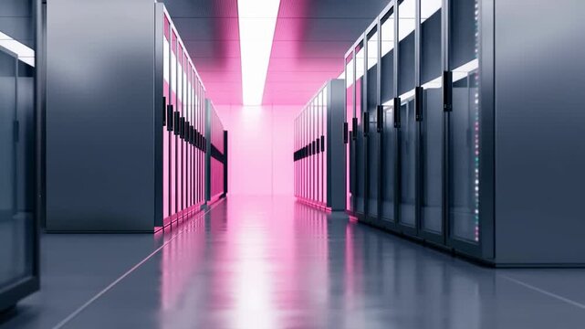 Server racks lining modern data center corridor with glowing status lights and reflections