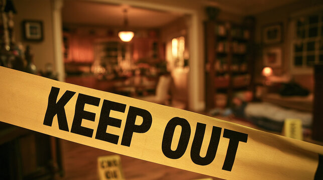 Crime scene tape keep out banner restrict house interior investigate room