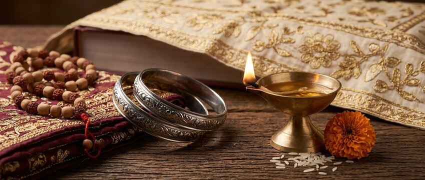 Holy Sikh scripture with brass oil lamp prayer beads and metal bracelets on wooden table