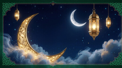 Obraz premium Golden crescent moon floats on clouds with lanterns in starry night sky. Celestial scene with Islamic or Ramadan festive mood, magical glowing lights.