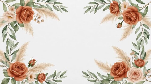 Elegant floral frame with watercolor roses and pampas grass, perfect for wedding invitations and greeting cards.