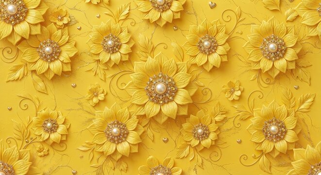 Yellow floral decorative pattern with pearl centers