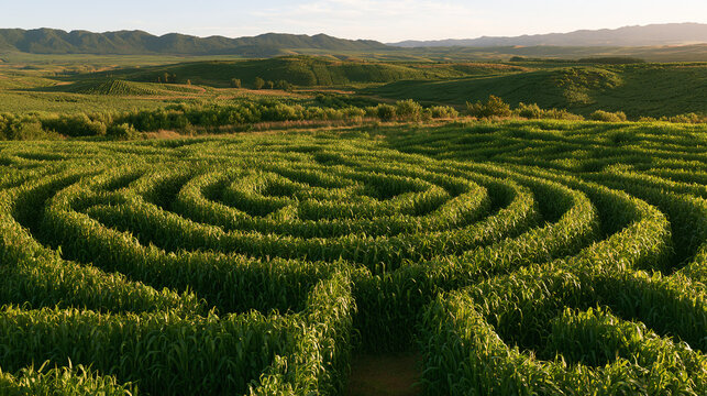 Circular corn maze field in green valley landscape at bright morning sun
