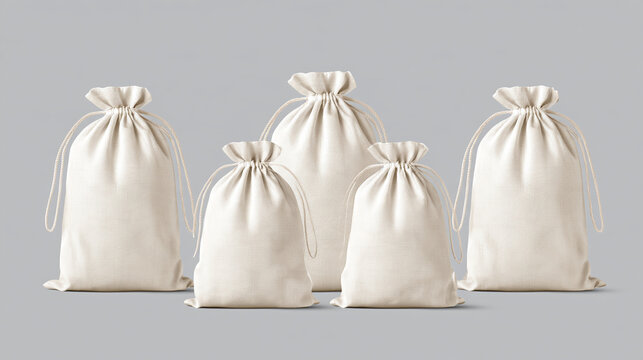 Blank white canvas cotton drawstring bags mockup set on light backdrop