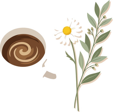 A cup of hot coffee with a swirling milk pattern next to a fresh wild daisy flower branch in a flat artistic style