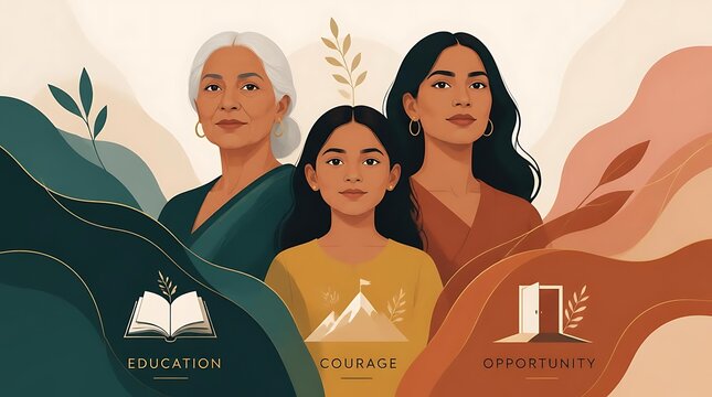 Detailed artwork of three female generations standing together, framed by flowing wave shapes with distinct icons and labels for education, courage, and opportunity at the base