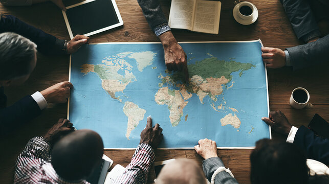 Diverse business team point at world map during strategy session today