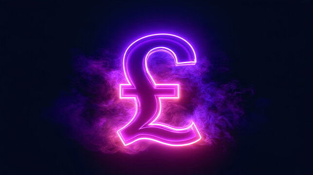 Neon purple pound currency symbol glowing brightly with dark smoke back