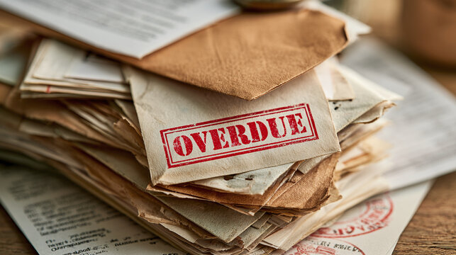A stack of overdue bills and envelopes with a red stamp for financial deb