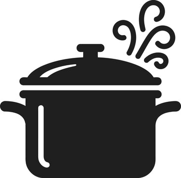 Black cooking pot icon with steam rising for kitchen and food preparation themes