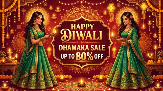Diwali dhamaka sale banner with women in traditional indian attire