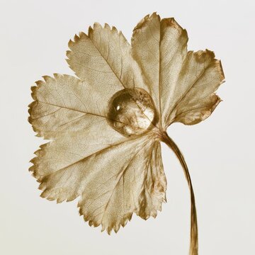 perfectly pressed dried Lady's Mantle (Alchemilla) leaf with water drop artifact, intricate palmate shape and vein network, clean background.
