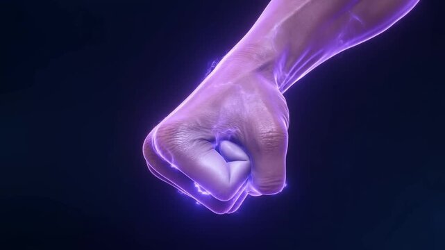 Glowing Fist with Purple Electric Energy and Lightning Against Dark Background