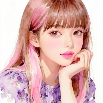 Young East Asian woman with pink streaked hair resting chin on hand