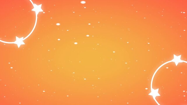 Vibrant orange gradient motion graphic background featuring animated glowing star arcs in the corners and subtle floating white particles. Great for kids content, festive events, celebratory videos, b