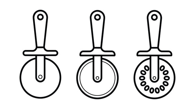 Set of three different pizza cutter kitchen utensil icons presented in a clean black and white silhouette