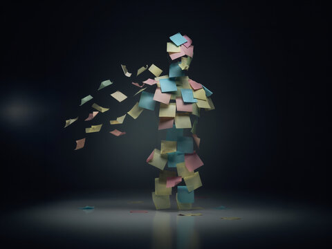 Human Figure Dissolving Into Floating Fragments Symbolizing Identity Loss