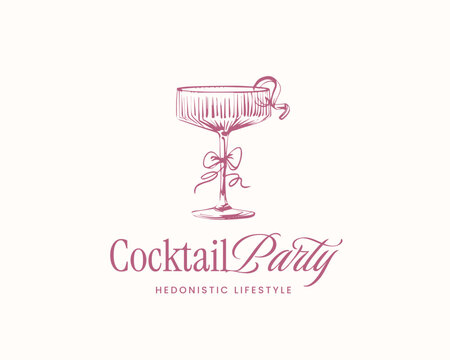 Cocktail glass drink doodle sketch label with typography. Wine Wedding Martini glass with ribbon, bow element. Hand-drawn vintage vector whimsical illustration for bachelorette party invitation logo