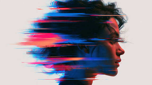 Digital glitch portrait of a woman face with neon light and motion blur