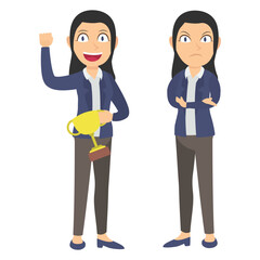 Fototapeta premium Flat vector illustration set of a businesswomen using a smartphone and walking while carrying a briefcase