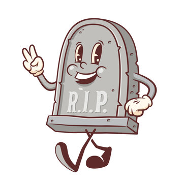 Halloween Groovy Tombstone Retro Character Illustration. Cartoon Tomb Spooky Personage Walking and Grinning. Vector Autumn Holiday Mascot Template. Happy Vintage Cool Doodle Isolated
