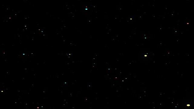 Deep black space motion graphic background filled with colorful floating stars and glowing particles drifting smoothly in 3D space. Perfect for sci-fi scenes, space travel, galaxy visuals, astronomy p