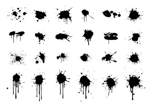 Abstract Grunge Paint Splash Ink Drips Illustration Set. Spray Blots Graphic Elements Black Graffiti Ink Splatter Brush Strokes Vector Inkblot Spots Collection. Inky Texture Dirty Dusty Liquid Blobs