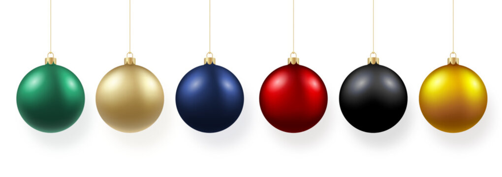 Christmas Tree Baubles Collection. Realistic Colorful 3D Ball Winter Holiday Glass Bauble Decoration Templates Set. New Year Vector Hanging Ornament Blue, Golden Elements on White Background. Isolated