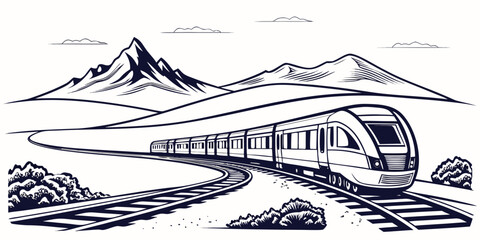 Fototapeta premium Graphic illustration of a sleek high speed train moving through a vast mountain landscape with clear sky