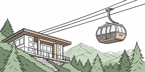 Cable car gondola arriving at a mountain ski lodge station in a snowy landscape with ski resort pine forest vacation © Mahibul