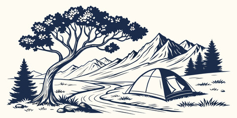 Fototapeta premium Camping tent in a meadow with mountains and a winding river camping trip landscape drawing mountain range mountains
