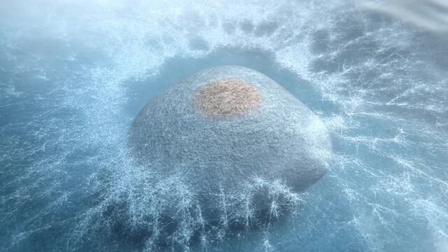 Rounded gray stone resting on a blue surface with soft light and a clear shadow