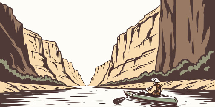 Stylized graphic illustration of a person paddling a canoe through a dramatic river canyon with water sport