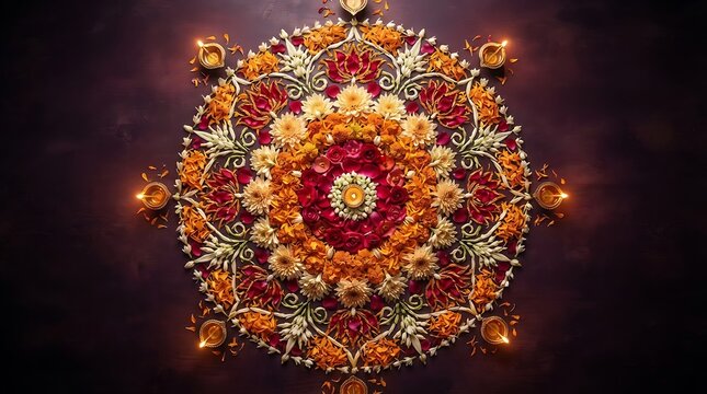 Ornate floral rangoli with petal mandalas and glowing clay oil lamps arranged on a dark surface for traditional indian celebration