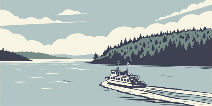 Passenger ferry boat traveling across a calm river lake with transportation landscape watercraft transport vacation