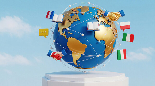 Global network connects nations with diverse cultures. Earth with flags, handshakes symbolizes partnership, communication. Books, chat icons represent education, dialogue in international relations.