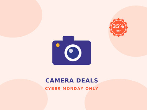 Cyber Monday sale flat vector illustration with a photo camera with a discount badge on soft blobs