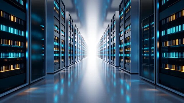 Server Racks in Modern Data Center Corridor with Blue and Amber Status Lights