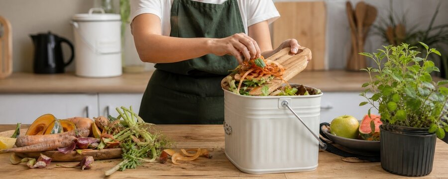 Person composting food scraps in a kitchen compost bin