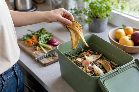 Person sorting food waste into compost bin at kitchen counter