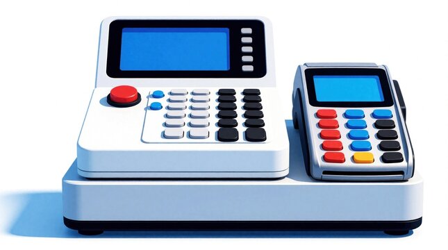 White cash register machine and payment terminal device side by side. Electronic keypad and screens are visible on both. These retail transaction tools facilitate commerce and sales.