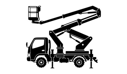 Aerial Work Platform Vehicle Mounted Crane Black Silhouette Editable Vector Illustration © JAHERA