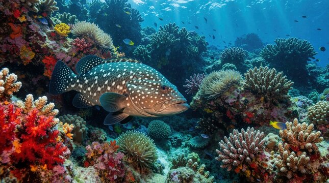 Large grouper fish swims among vibrant coral reef. Spotted predator explores tropical ocean habitat filled with colorful sea life. Diverse marine ecosystem shows beautiful underwater biodiversity in
