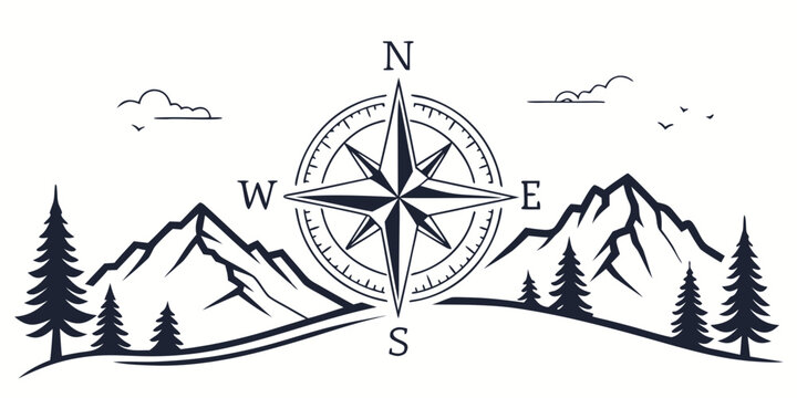 Stylized mountain range badge with central compass rose and evergreen trees travel emblem outdoor logo adventure them