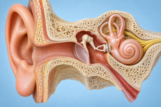 Human ear cutaway with auditory structures in 3D