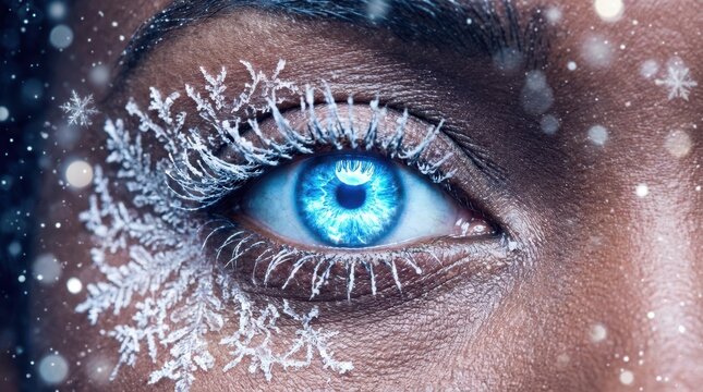 Macro close up of a bright blue eye with frosted eyelashes and white snowflake patterns across the skin, surrounded by falling snow and soft winter light in a cold icy winter scene