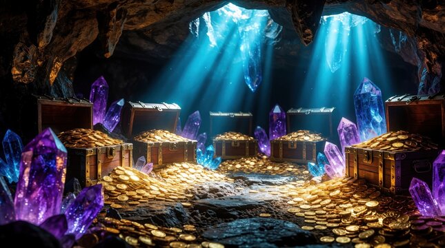 Sunlight streams into dark cave revealing piles of gold coins overflowing from treasure chests in giant glowing purple and blue crystals. Adventure awaits discovery.