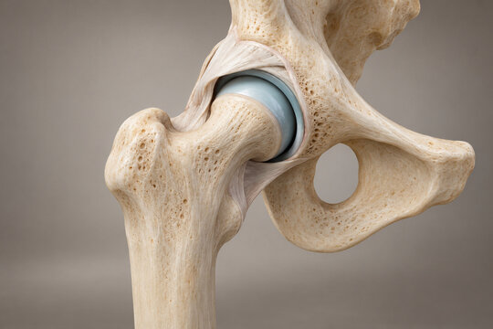 Human hip joint with femoral head and acetabulum in 3D