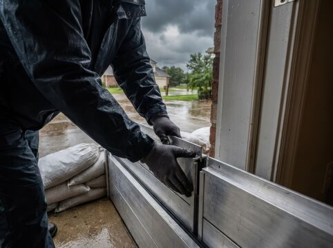 temporary flood barrier at a generic home entrance Person in rain gear securing sandbags at a door during stormy weather