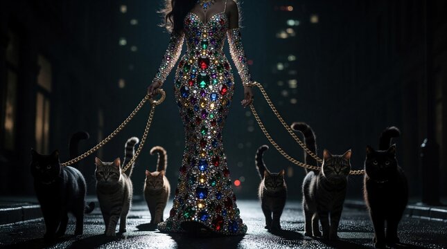 Glamorous woman in sparkling jewel encrusted dress walks down dark city street at night. Elegant lady leads several cats on gold chain leashes. Luxury fantasy concept featuring colorful gemstones,